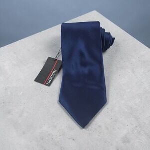 Hisdern Mens Navy Blue Solid Satin Silk Hand Made Formal Necktie New With Tags